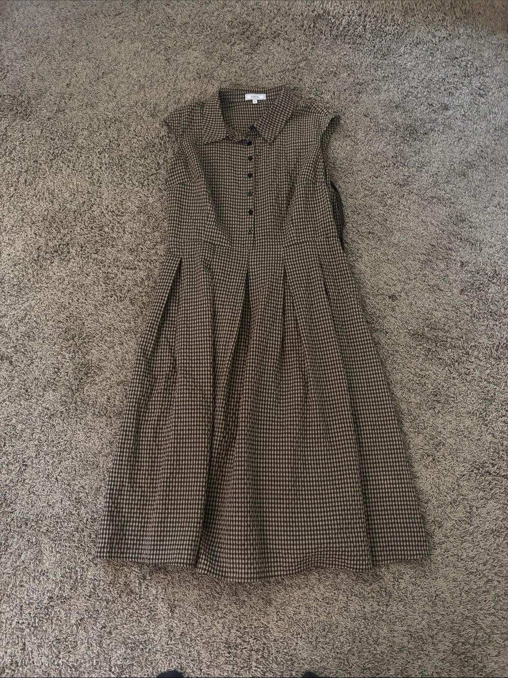RIHOAS Brown Check Sleeveless Collared Midi Dress